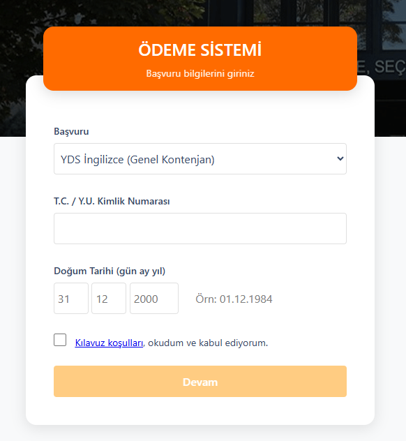 ÖSYM ödeme sistemi: başvuru, T.C. kimlik numarası ve doğum tarihi ekranı