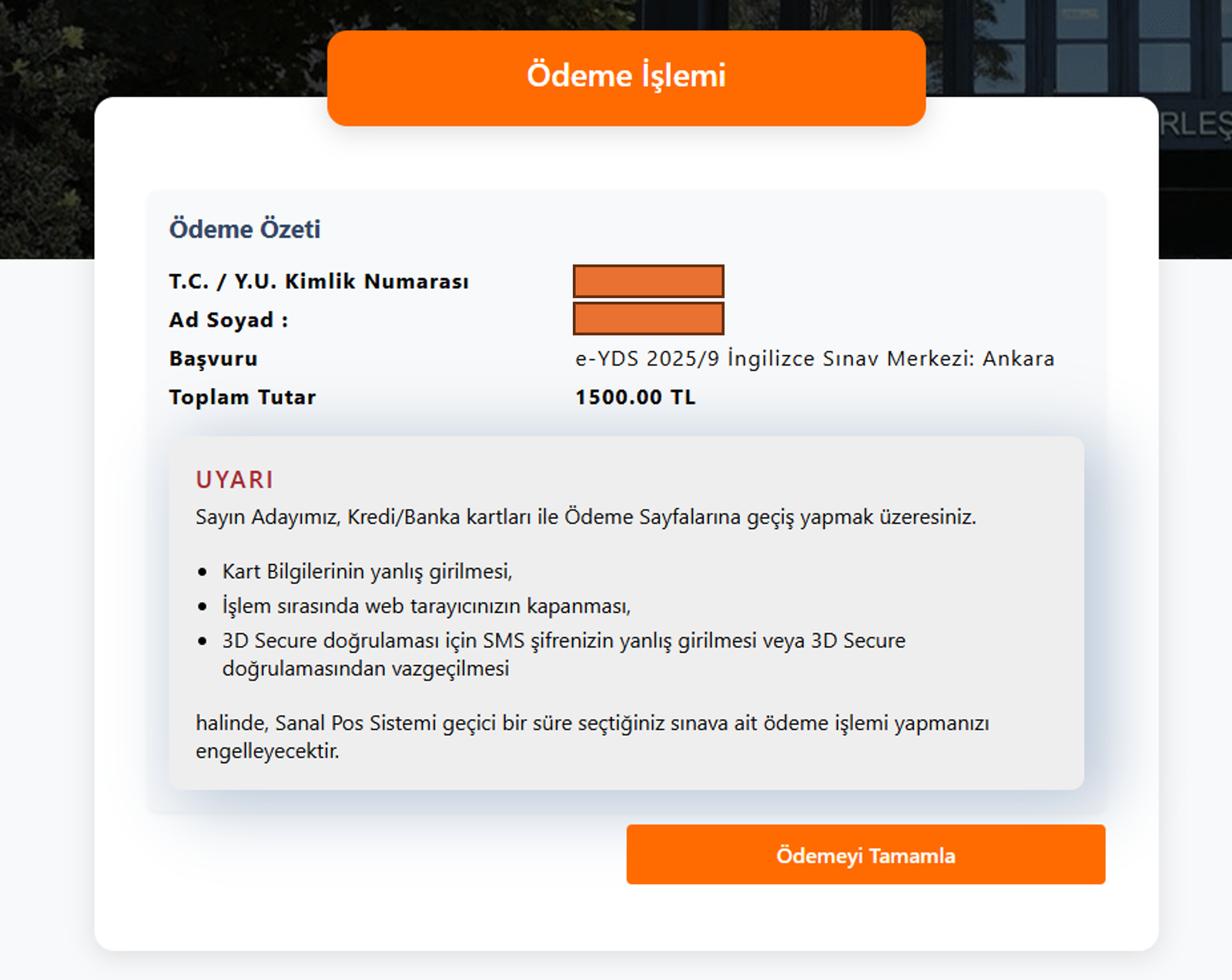 Ödeme özeti: kimlik, ad soyad, başvuru ve toplam tutar
