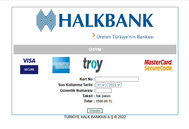 Banka ödeme ekranı: kart numarası, son kullanma tarihi ve güvenlik numarası